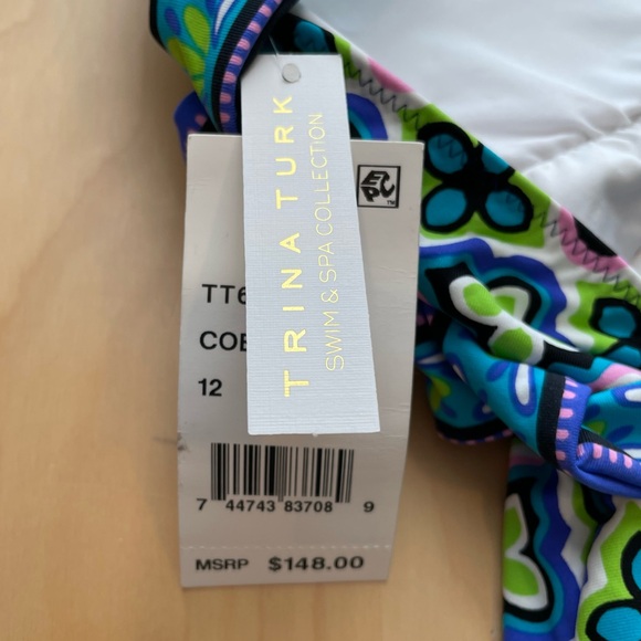 NWT Trina Turk One Piece Swimsuit Size 16 Aqua Purple Pink Yellow Padded Bra - Picture 6 of 8